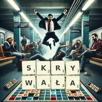 Kreatywna ilustracja do gry w Scrabble ze słowem SKRYWAŁA ułożonym z płytek na planszy.