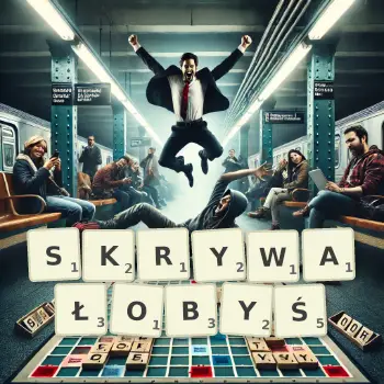 Kreatywna ilustracja do gry w Scrabble ze słowem SKRYWAŁOBYŚ ułożonym z płytek na planszy.