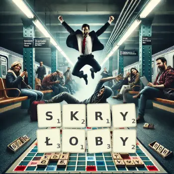 Kreatywna ilustracja do gry w Scrabble ze słowem SKRYŁOBY ułożonym z płytek na planszy.