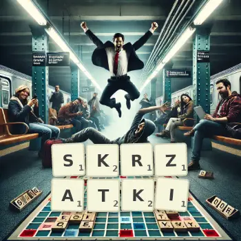 Kreatywna ilustracja do gry w Scrabble ze słowem SKRZATKI ułożonym z płytek na planszy.