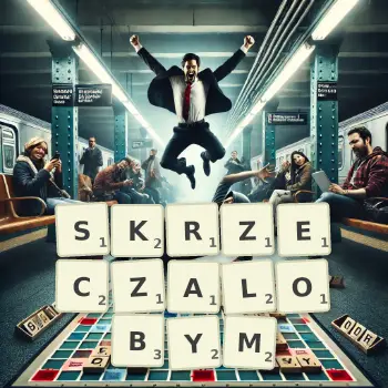 Kreatywna ilustracja do gry w Scrabble ze słowem SKRZECZALOBYM ułożonym z płytek na planszy.