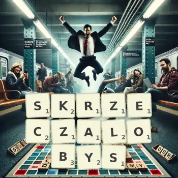Kreatywna ilustracja do gry w Scrabble ze słowem SKRZECZALOBYS ułożonym z płytek na planszy.