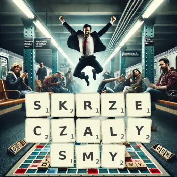 Kreatywna ilustracja do gry w Scrabble ze słowem SKRZECZALYSMY ułożonym z płytek na planszy.