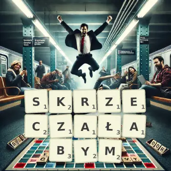Kreatywna ilustracja do gry w Scrabble ze słowem SKRZECZAŁABYM ułożonym z płytek na planszy.