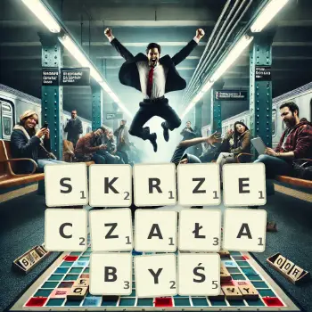 Kreatywna ilustracja do gry w Scrabble ze słowem SKRZECZAŁABYŚ ułożonym z płytek na planszy.