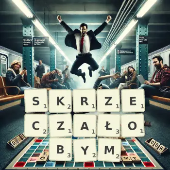 Kreatywna ilustracja do gry w Scrabble ze słowem SKRZECZAŁOBYM ułożonym z płytek na planszy.