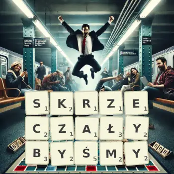 Kreatywna ilustracja do gry w Scrabble ze słowem SKRZECZAŁYBYŚMY ułożonym z płytek na planszy.