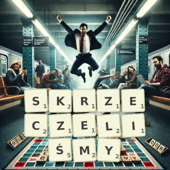 Kreatywna ilustracja do gry w Scrabble ze słowem SKRZECZELIŚMY ułożonym z płytek na planszy.