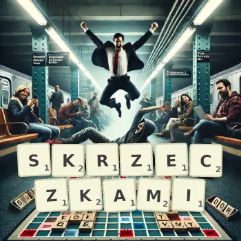 Kreatywna ilustracja do gry w Scrabble ze słowem SKRZECZKAMI ułożonym z płytek na planszy.