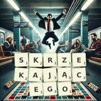 Kreatywna ilustracja do gry w Scrabble ze słowem SKRZEKAJĄCEGO ułożonym z płytek na planszy.