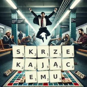 Kreatywna ilustracja do gry w Scrabble ze słowem SKRZEKAJĄCEMU ułożonym z płytek na planszy.