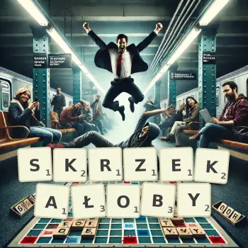 Kreatywna ilustracja do gry w Scrabble ze słowem SKRZEKAŁOBY ułożonym z płytek na planszy.