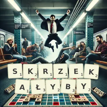 Kreatywna ilustracja do gry w Scrabble ze słowem SKRZEKAŁYBY ułożonym z płytek na planszy.