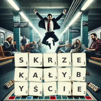 Kreatywna ilustracja do gry w Scrabble ze słowem SKRZEKAŁYBYŚCIE ułożonym z płytek na planszy.