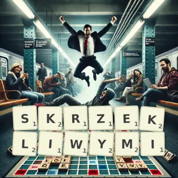 Kreatywna ilustracja do gry w Scrabble ze słowem SKRZEKLIWYMI ułożonym z płytek na planszy.