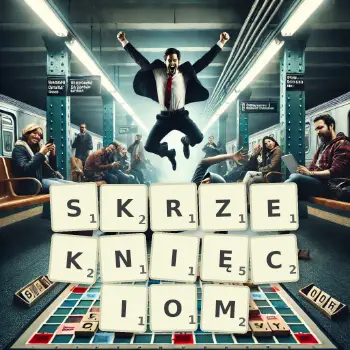 Kreatywna ilustracja do gry w Scrabble ze słowem SKRZEKNIĘCIOM ułożonym z płytek na planszy.