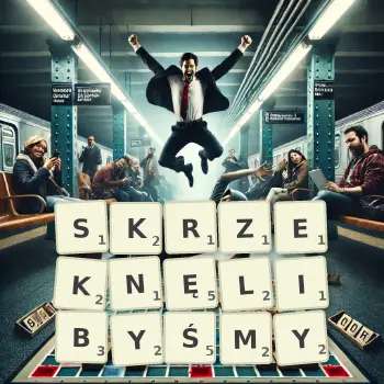 Kreatywna ilustracja do gry w Scrabble ze słowem SKRZEKNĘLIBYŚMY ułożonym z płytek na planszy.