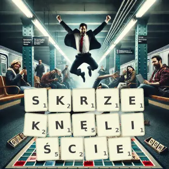 Kreatywna ilustracja do gry w Scrabble ze słowem SKRZEKNĘLIŚCIE ułożonym z płytek na planszy.