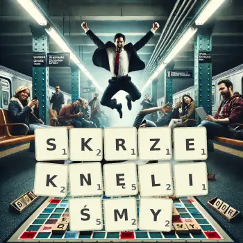 Kreatywna ilustracja do gry w Scrabble ze słowem SKRZEKNĘLIŚMY ułożonym z płytek na planszy.