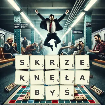 Kreatywna ilustracja do gry w Scrabble ze słowem SKRZEKNĘŁABYŚ ułożonym z płytek na planszy.