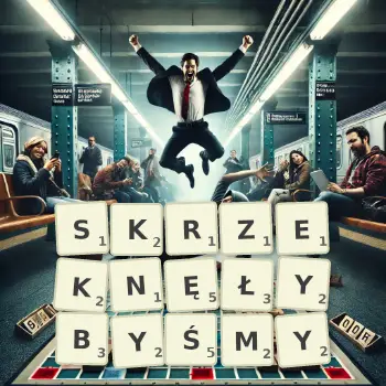 Kreatywna ilustracja do gry w Scrabble ze słowem SKRZEKNĘŁYBYŚMY ułożonym z płytek na planszy.