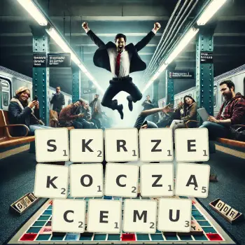 Kreatywna ilustracja do gry w Scrabble ze słowem SKRZEKOCZĄCEMU ułożonym z płytek na planszy.