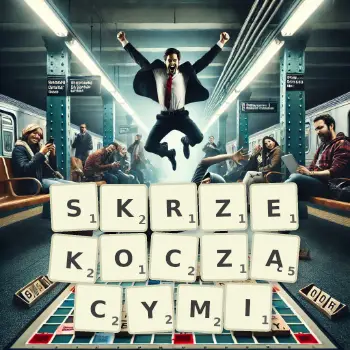 Kreatywna ilustracja do gry w Scrabble ze słowem SKRZEKOCZĄCYMI ułożonym z płytek na planszy.