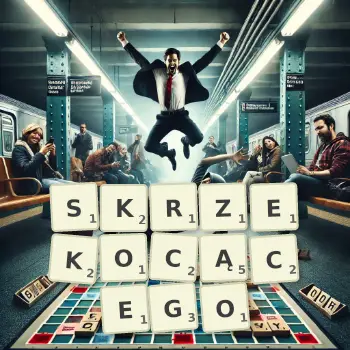 Kreatywna ilustracja do gry w Scrabble ze słowem SKRZEKOCĄCEGO ułożonym z płytek na planszy.