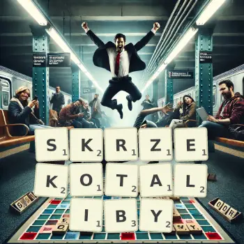 Kreatywna ilustracja do gry w Scrabble ze słowem SKRZEKOTALIBY ułożonym z płytek na planszy.