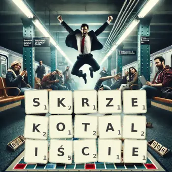 Kreatywna ilustracja do gry w Scrabble ze słowem SKRZEKOTALIŚCIE ułożonym z płytek na planszy.