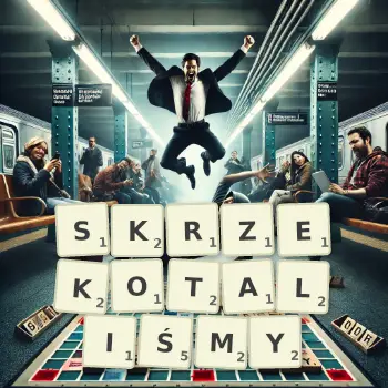 Kreatywna ilustracja do gry w Scrabble ze słowem SKRZEKOTALIŚMY ułożonym z płytek na planszy.