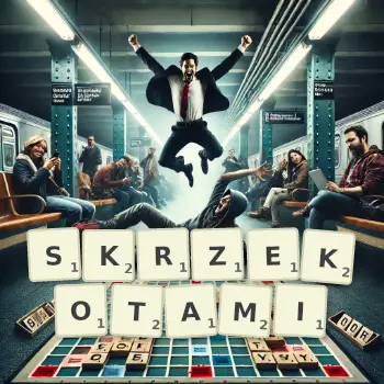 Kreatywna ilustracja do gry w Scrabble ze słowem SKRZEKOTAMI ułożonym z płytek na planszy.