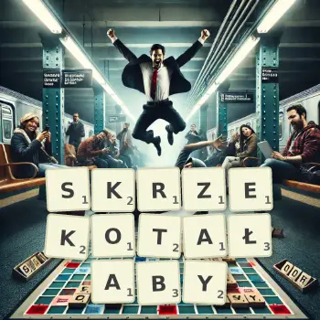 Kreatywna ilustracja do gry w Scrabble ze słowem SKRZEKOTAŁABY ułożonym z płytek na planszy.