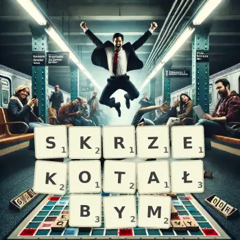 Kreatywna ilustracja do gry w Scrabble ze słowem SKRZEKOTAŁBYM ułożonym z płytek na planszy.