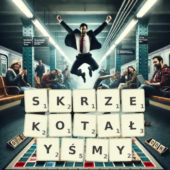 Kreatywna ilustracja do gry w Scrabble ze słowem SKRZEKOTAŁYŚMY ułożonym z płytek na planszy.