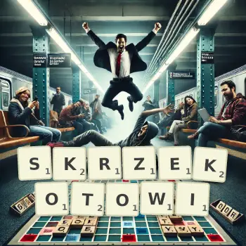 Kreatywna ilustracja do gry w Scrabble ze słowem SKRZEKOTOWI ułożonym z płytek na planszy.