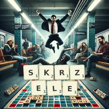 Kreatywna ilustracja do gry w Scrabble ze słowem SKRZELE ułożonym z płytek na planszy.