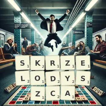 Kreatywna ilustracja do gry w Scrabble ze słowem SKRZELODYSZCA ułożonym z płytek na planszy.