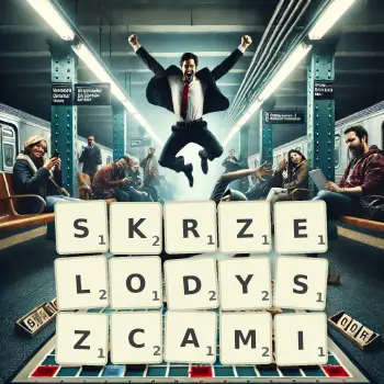 Kreatywna ilustracja do gry w Scrabble ze słowem SKRZELODYSZCAMI ułożonym z płytek na planszy.