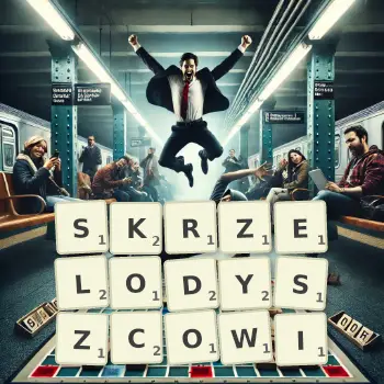Kreatywna ilustracja do gry w Scrabble ze słowem SKRZELODYSZCOWI ułożonym z płytek na planszy.