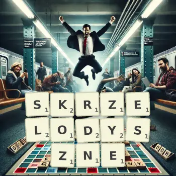 Kreatywna ilustracja do gry w Scrabble ze słowem SKRZELODYSZNE ułożonym z płytek na planszy.