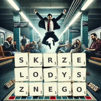Kreatywna ilustracja do gry w Scrabble ze słowem SKRZELODYSZNEGO ułożonym z płytek na planszy.