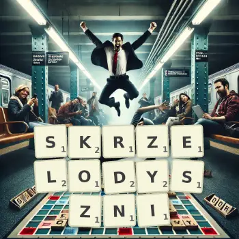Kreatywna ilustracja do gry w Scrabble ze słowem SKRZELODYSZNI ułożonym z płytek na planszy.