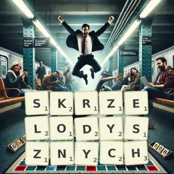 Kreatywna ilustracja do gry w Scrabble ze słowem SKRZELODYSZNYCH ułożonym z płytek na planszy.