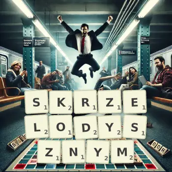 Kreatywna ilustracja do gry w Scrabble ze słowem SKRZELODYSZNYM ułożonym z płytek na planszy.
