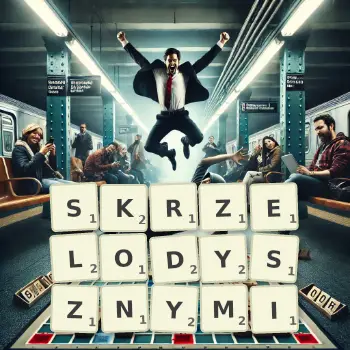 Kreatywna ilustracja do gry w Scrabble ze słowem SKRZELODYSZNYMI ułożonym z płytek na planszy.