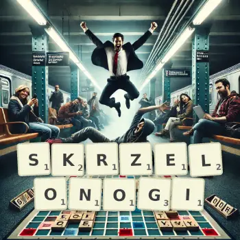 Kreatywna ilustracja do gry w Scrabble ze słowem SKRZELONOGI ułożonym z płytek na planszy.