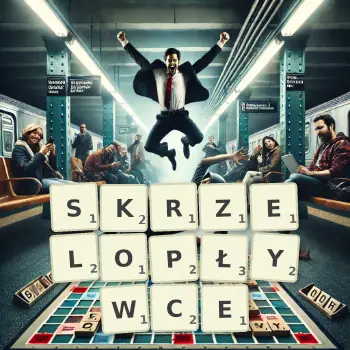 Kreatywna ilustracja do gry w Scrabble ze słowem SKRZELOPŁYWCE ułożonym z płytek na planszy.
