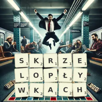 Kreatywna ilustracja do gry w Scrabble ze słowem SKRZELOPŁYWKACH ułożonym z płytek na planszy.