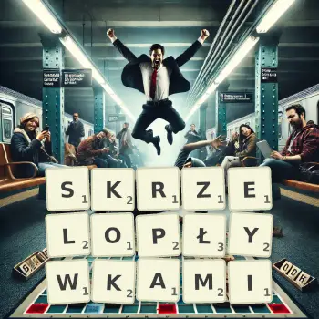 Kreatywna ilustracja do gry w Scrabble ze słowem SKRZELOPŁYWKAMI ułożonym z płytek na planszy.